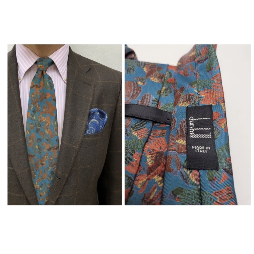 Dunhill Pheasant Print 100% Silk Mens Neck Tie Teal Novelty Holidays ITALY 58x4"